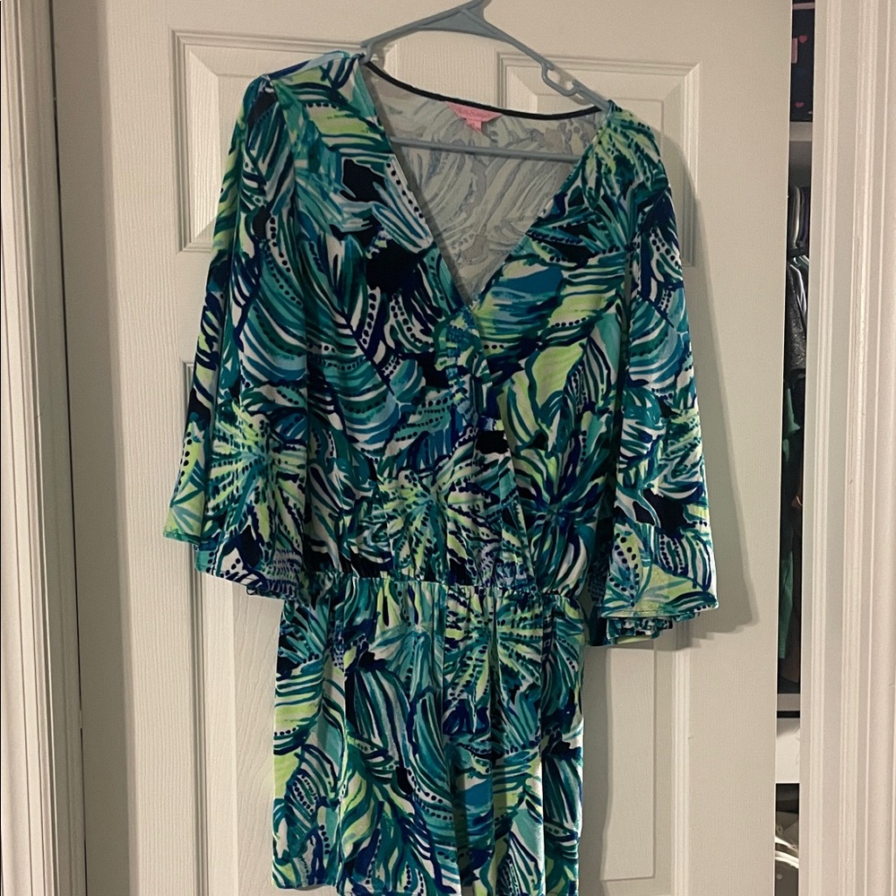 Lilly Pulitzer Blue and Green Leaf Print Jumpsuit